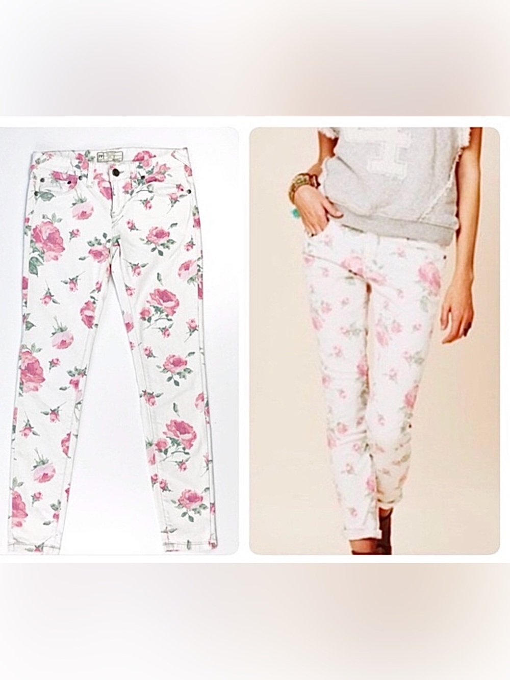 FREE PEOPLE WHITE JEANS ROSE  PRINT SKINNY SIZE 26!!! SO CUTE!!!